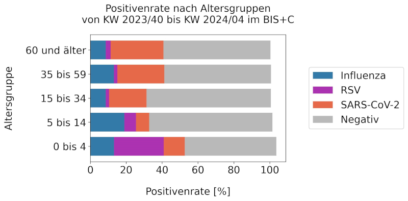 Abbildung 3 stellt die Positivenraten für Influenza-, SARS-CoV-2- und RSV der erhaltenen BIS+C Abstriche von KW 40/2023 bis KW 04/2024 nach Altersgruppen dar. Es ist zu erkennen, dass RSV im genannten Zeitraum vor allem Kinder der Altersgruppe 0 bis 4 Jahre, gefolgt von der Altersgruppe der 5- bis 14-Jährigen betraf. In der Altersgruppe der Senioren über 60 Jahre nahm die Zahl der RSV-Infektionen ab KW 01/2024 zu. SARS-CoV-2 betraf vor allem die Altersgruppe der Senioren über 60 Jahre sowie der Erwachsenen ab 35 bis 59 Jahre und der Teenager ab 15 Jahre. Influenza-Fälle traten vor allem in der Altersgruppe der 5- bis 14-Jährigen und 0- bis 4-Jährigen neben der Altersgruppe der Erwachsenen ab 35 bis 59 Jahre auf. Aber auch die Altersgruppe der jungen Erwachsenen von 15 bis 34 Jahre als auch der Senioren über 60 Jahre sind von der aktuellen Grippewelle betroffen.