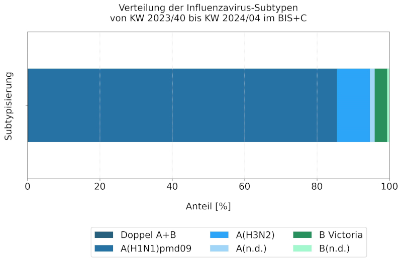  Abbildung 4 stellt die Verteilung der Influenzavirus-Subtypen im BIS+C Sentinel von KW 40/2023 bis KW 4/2024. Der Großteil der insgesamt 691 Infektionen ist auf den Subtyp Influenza A(H1N1)pdm09 (85,2%), gefolgt von Influenza A(H3N2) (9,1%) und Influenza B der Victoria Linie (3,5%) zurückzuführen. Zudem gibt es einige Influenza A (1,3%) oder B (0,6%) Infektionen, die nicht mehr subtypisierbar waren. Es gab zwei Koinfektionen (0,3%) mit Influenza A und B Viren. 