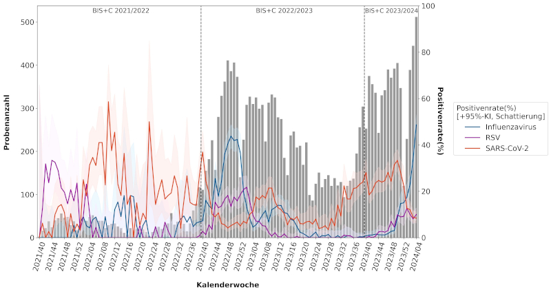  Abbildung 5 stellt die Anzahl der Proben, die im BIS+C Sentinel auf SARS-CoV-2, Influenza und RSV untersucht wurden (graue Balken) sowie den Anteil der jeweiligen Proben mit positivem Erregernachweis (Positivenrate) mit 95%-Konfidenzintervall (KI) in den BIS+C Jahren 2021/22,2022/23 und 2023/24 bis KW04/2024 dar. Die Daten spiegeln gut den Ausbau des BIS+C Projekts im Jahr 2022 wieder, da erstmalig in der BIS+C Saison 2022/23 über 10.000 Abstriche erhalten wurden. 
